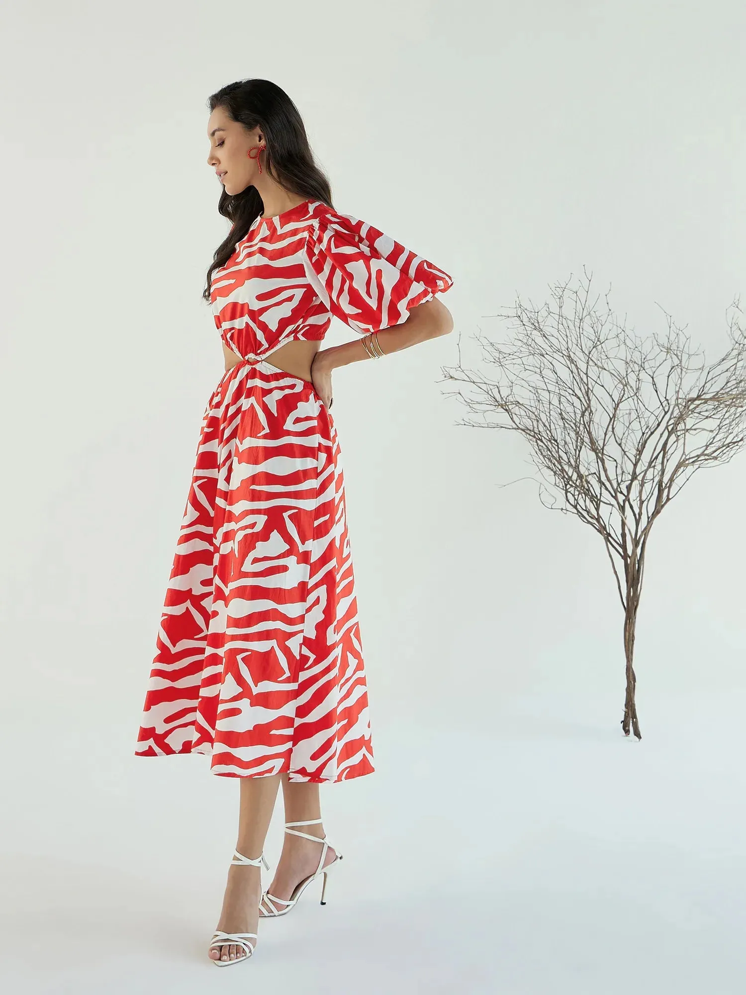 Women Red & White Printed Side Cut Out Midi Dress-SFDRSS12438