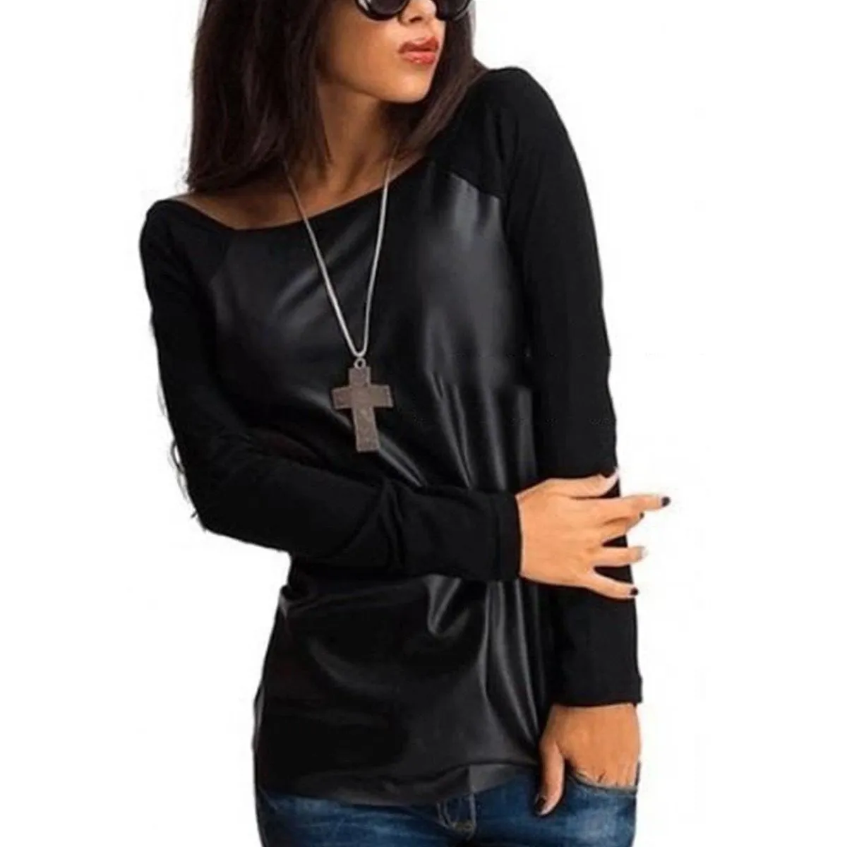 Women Shirts Long Sleeve PU Leather Patchwork Blouses Fashion Casual Loose Tops Plus Size