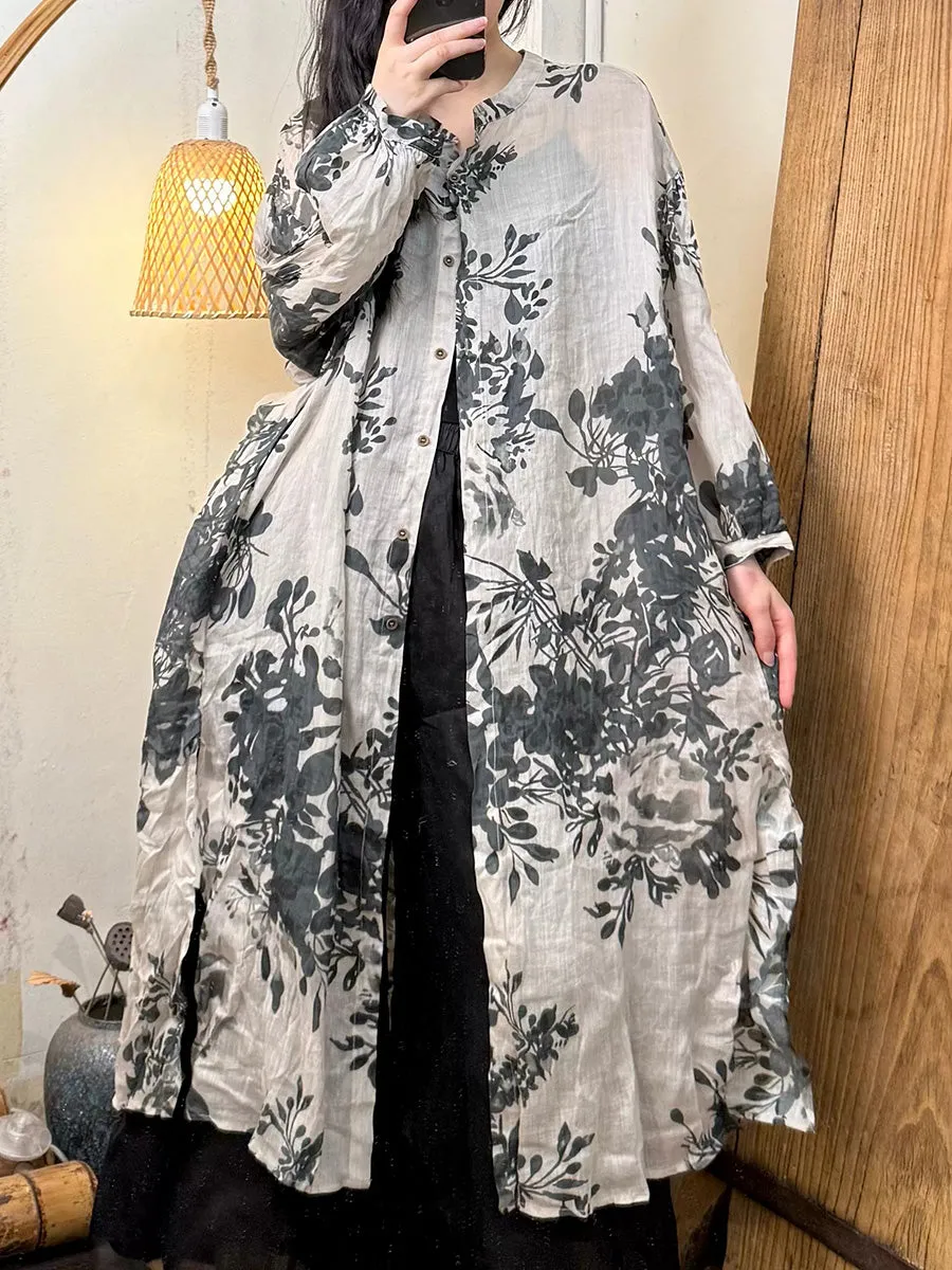 Women Spring Retro Stand Collar Flower Ramie Shirt Coat