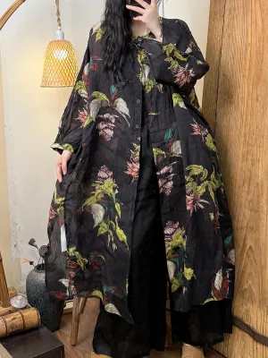Women Spring Retro Stand Collar Flower Ramie Shirt Coat