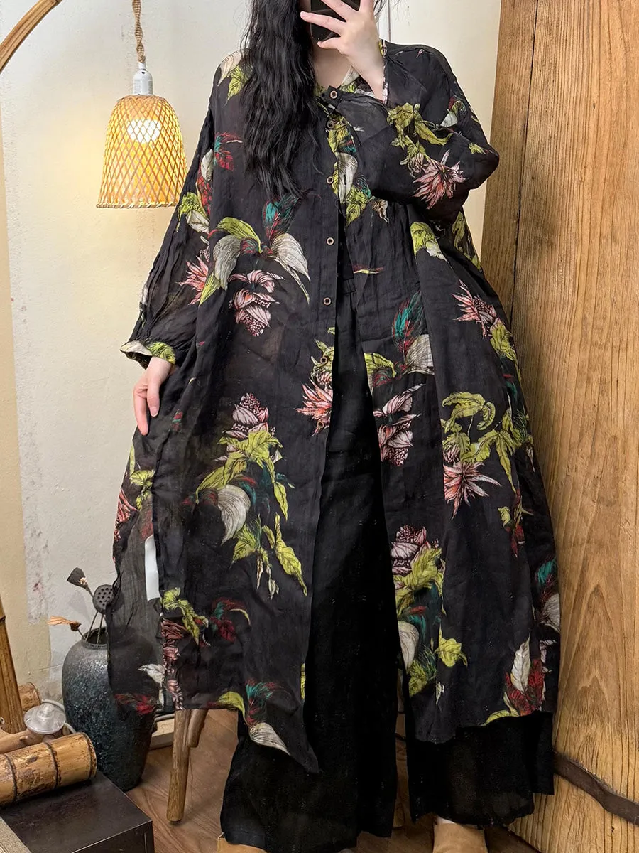 Women Spring Retro Stand Collar Flower Ramie Shirt Coat
