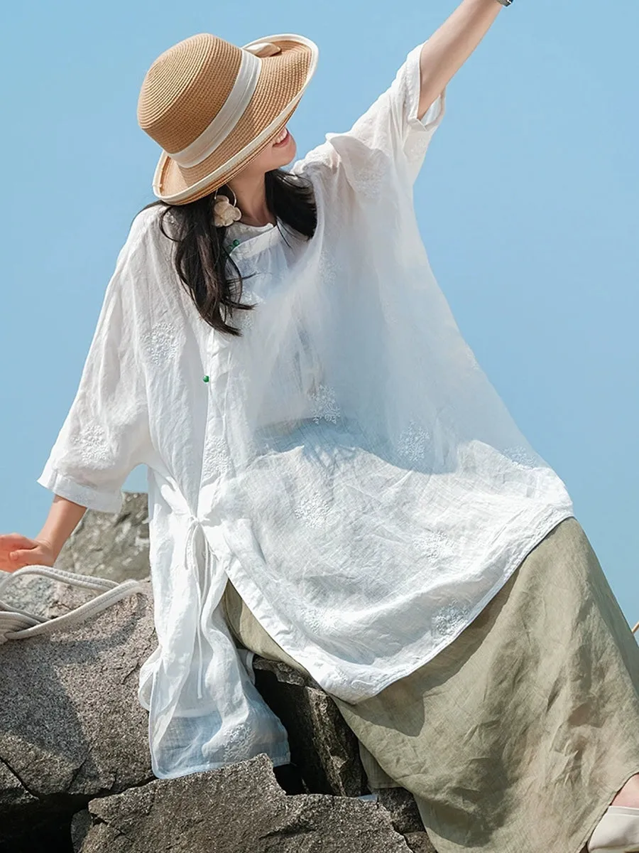 Women Spring Stand Collar Embroidery 100%Ramie Shirt