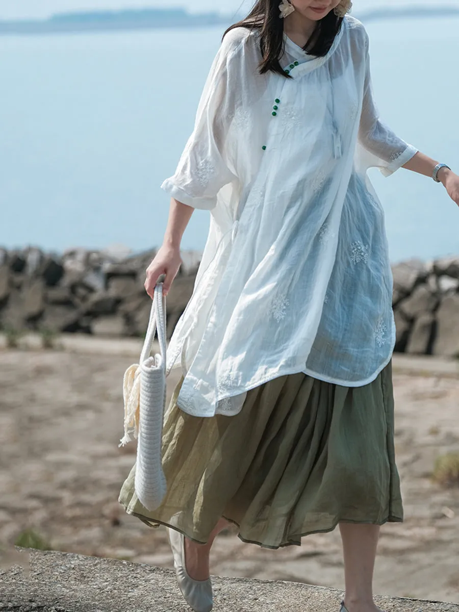 Women Spring Stand Collar Embroidery 100%Ramie Shirt