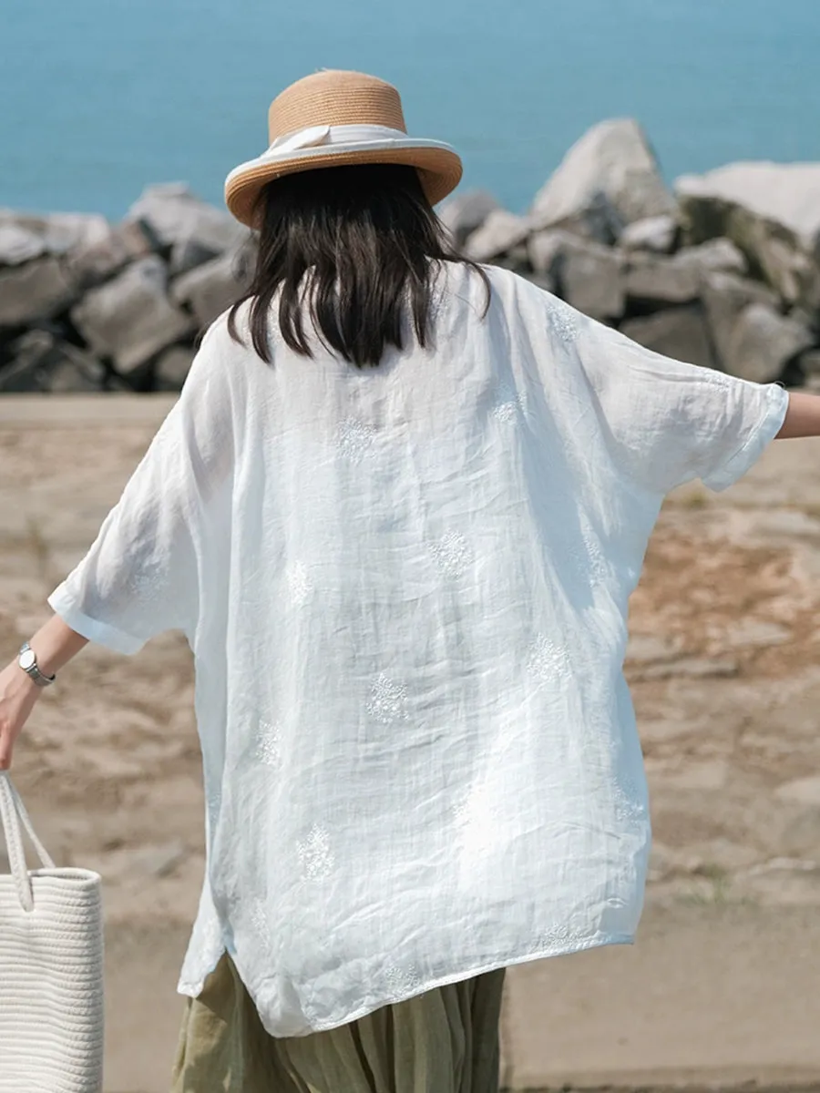 Women Spring Stand Collar Embroidery 100%Ramie Shirt