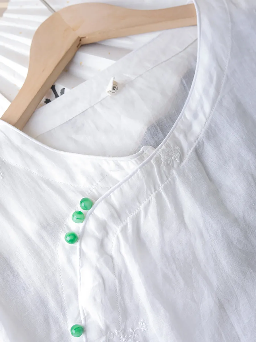 Women Spring Stand Collar Embroidery 100%Ramie Shirt