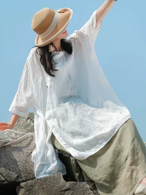 Women Spring Stand Collar Embroidery 100%Ramie Shirt