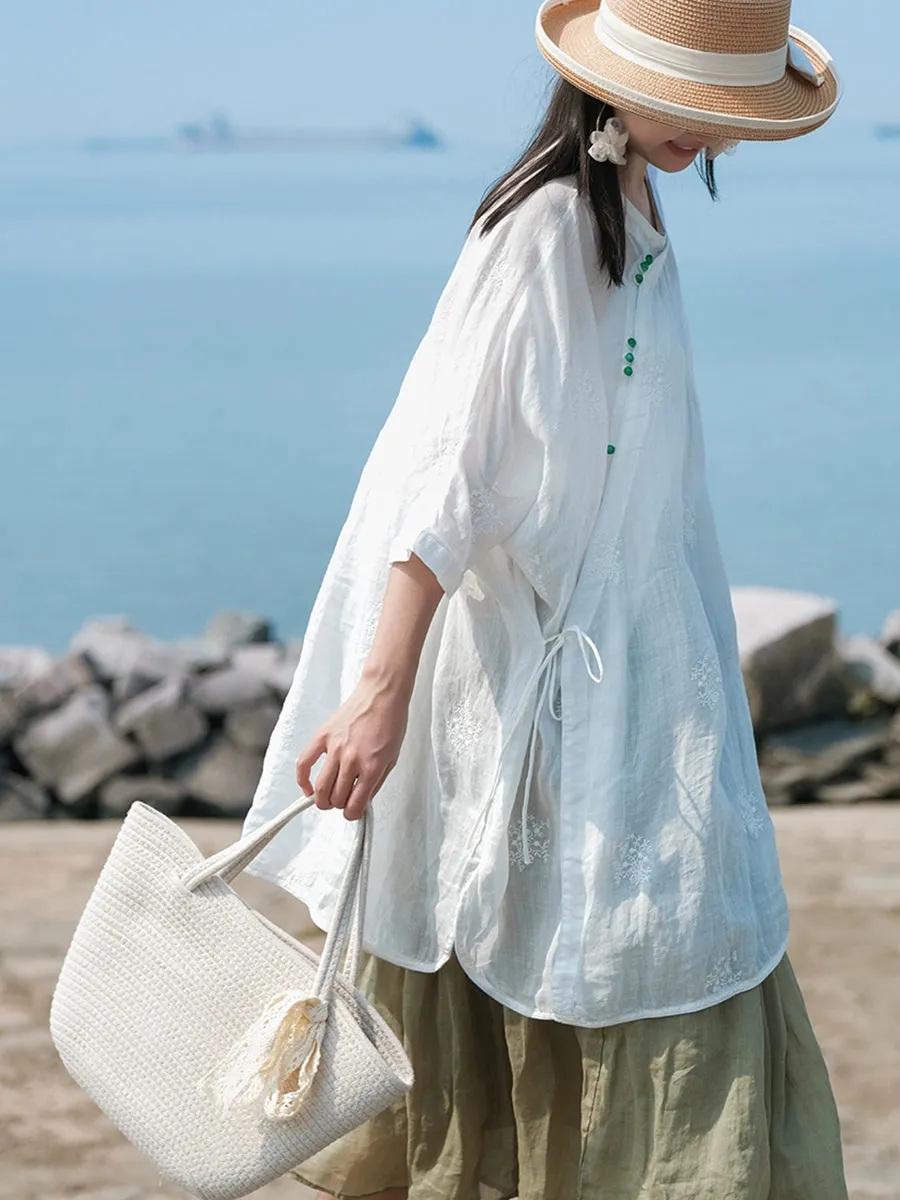Women Spring Stand Collar Embroidery 100%Ramie Shirt