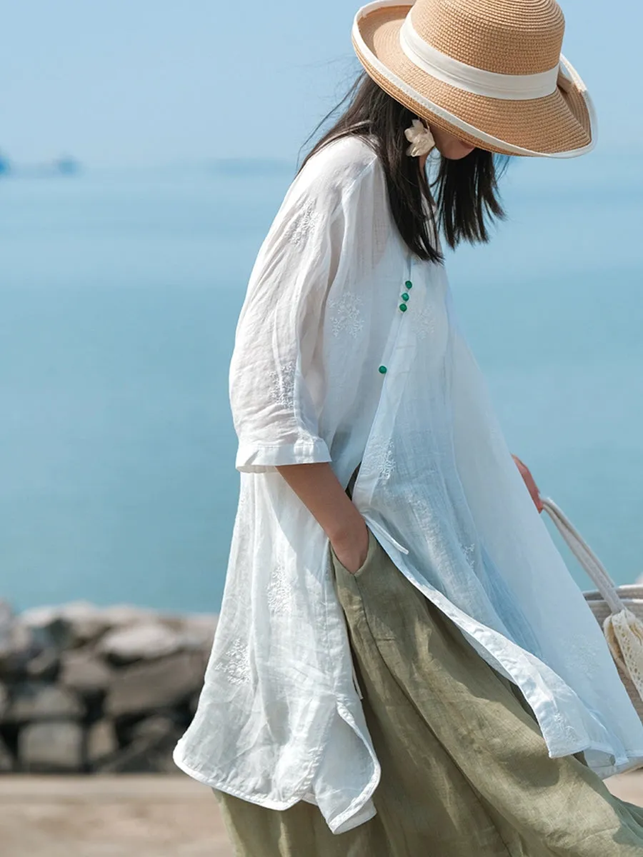 Women Spring Stand Collar Embroidery 100%Ramie Shirt