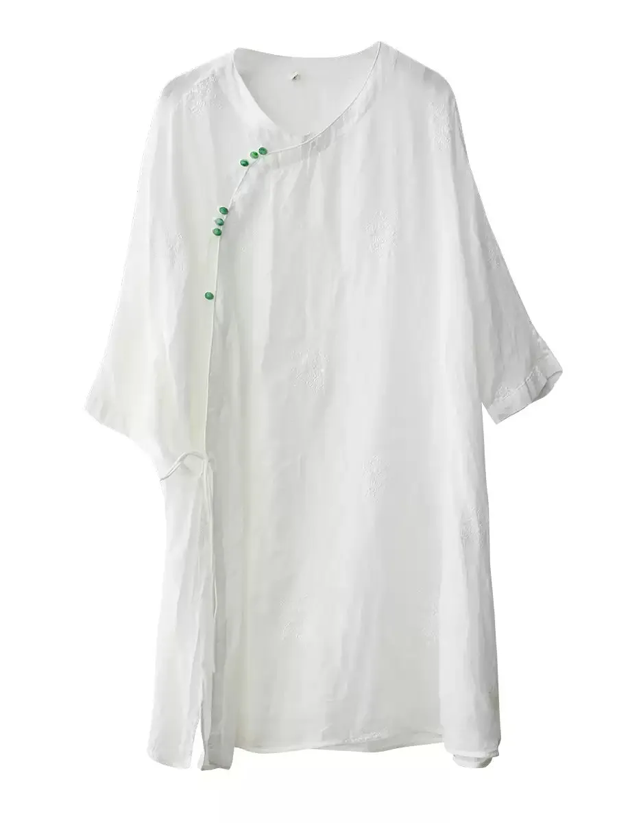Women Spring Stand Collar Embroidery 100%Ramie Shirt