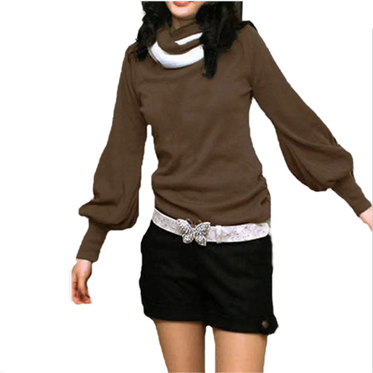 Women Stylish Cotton Blouses Long Lantern Sleeve High Collar Casual Slim Tops Shirts Plus Size S-3XL