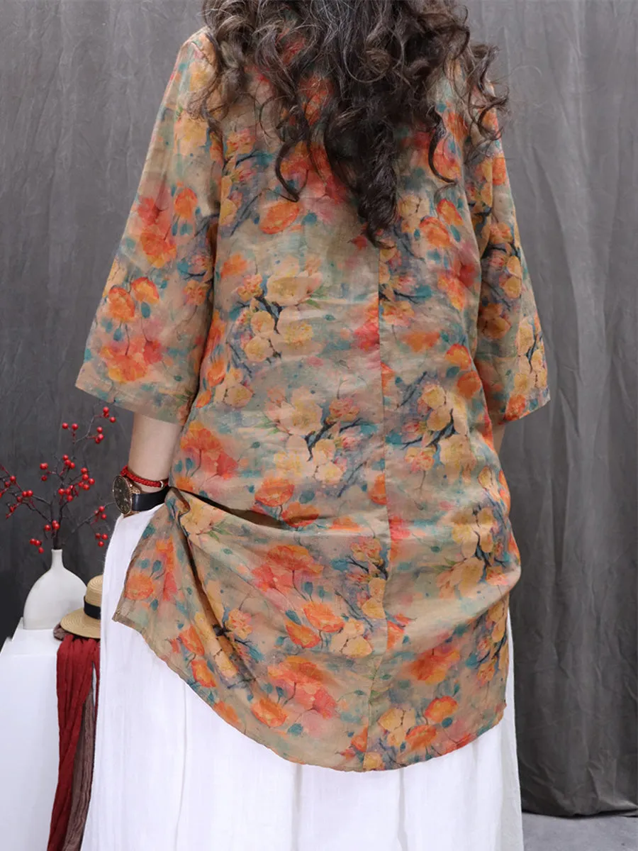 Women Summer Artsy Flower V-Neck 100%Ramie Shirt