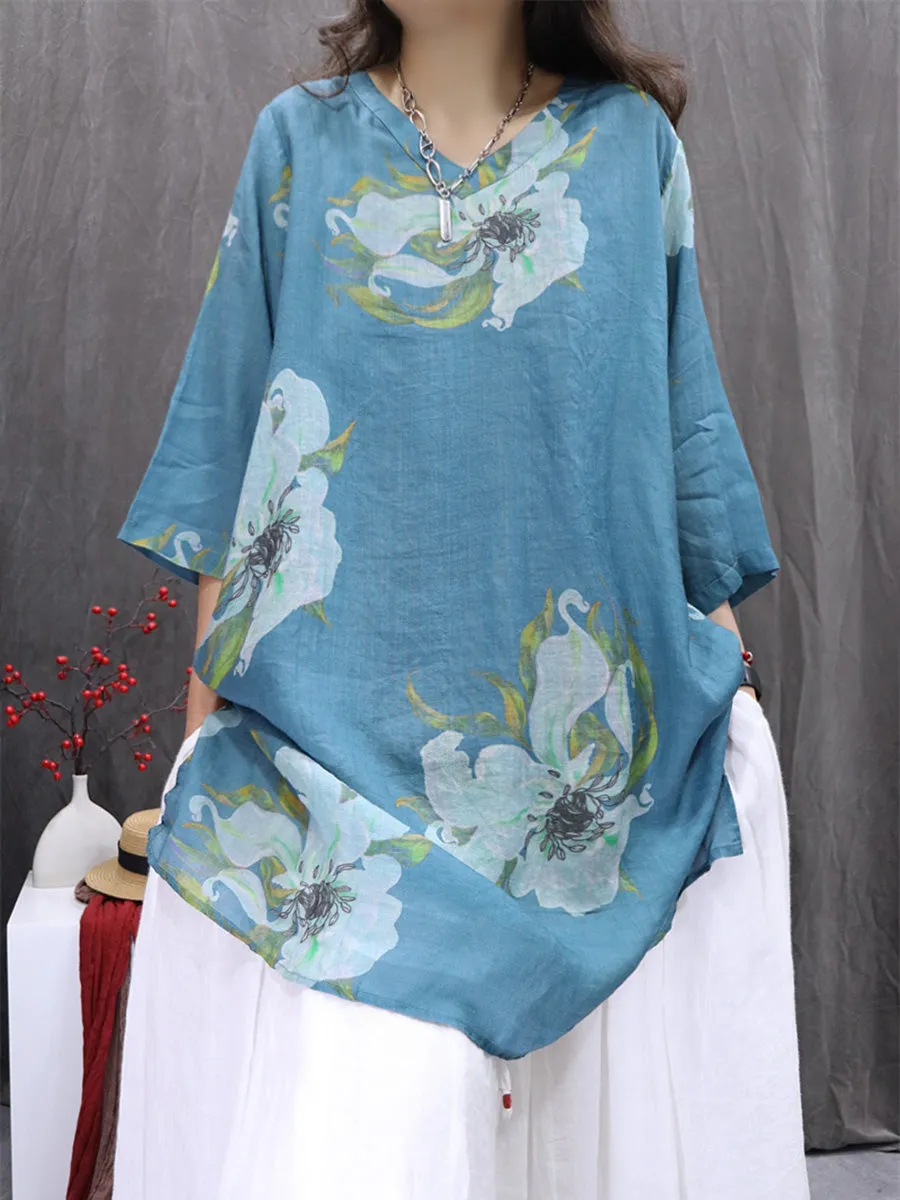 Women Summer Artsy Flower V-Neck 100%Ramie Shirt