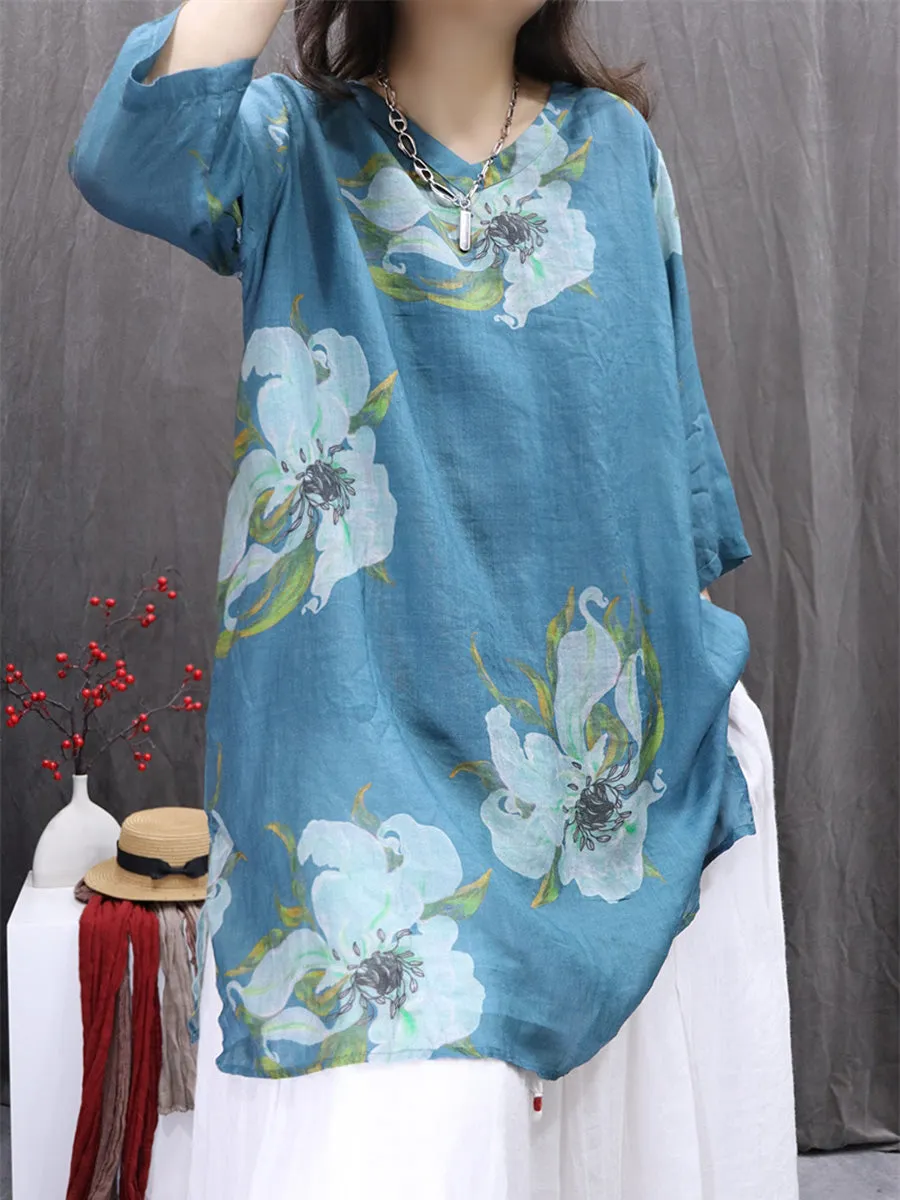 Women Summer Artsy Flower V-Neck 100%Ramie Shirt