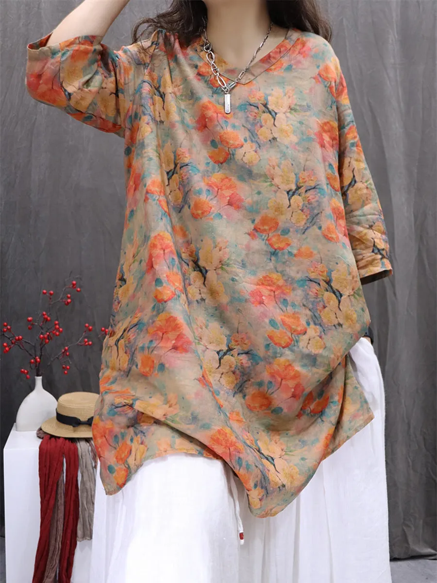 Women Summer Artsy Flower V-Neck 100%Ramie Shirt