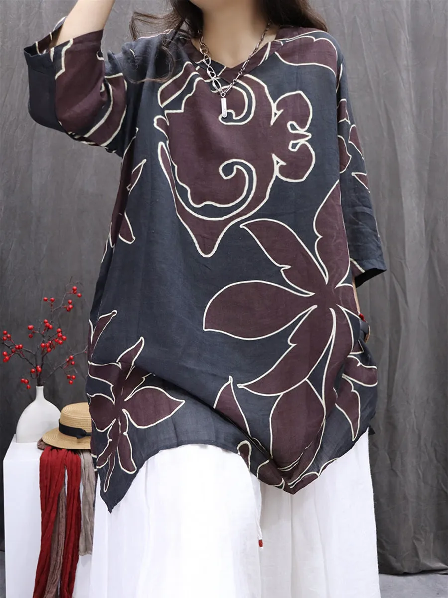 Women Summer Artsy Flower V-Neck 100%Ramie Shirt
