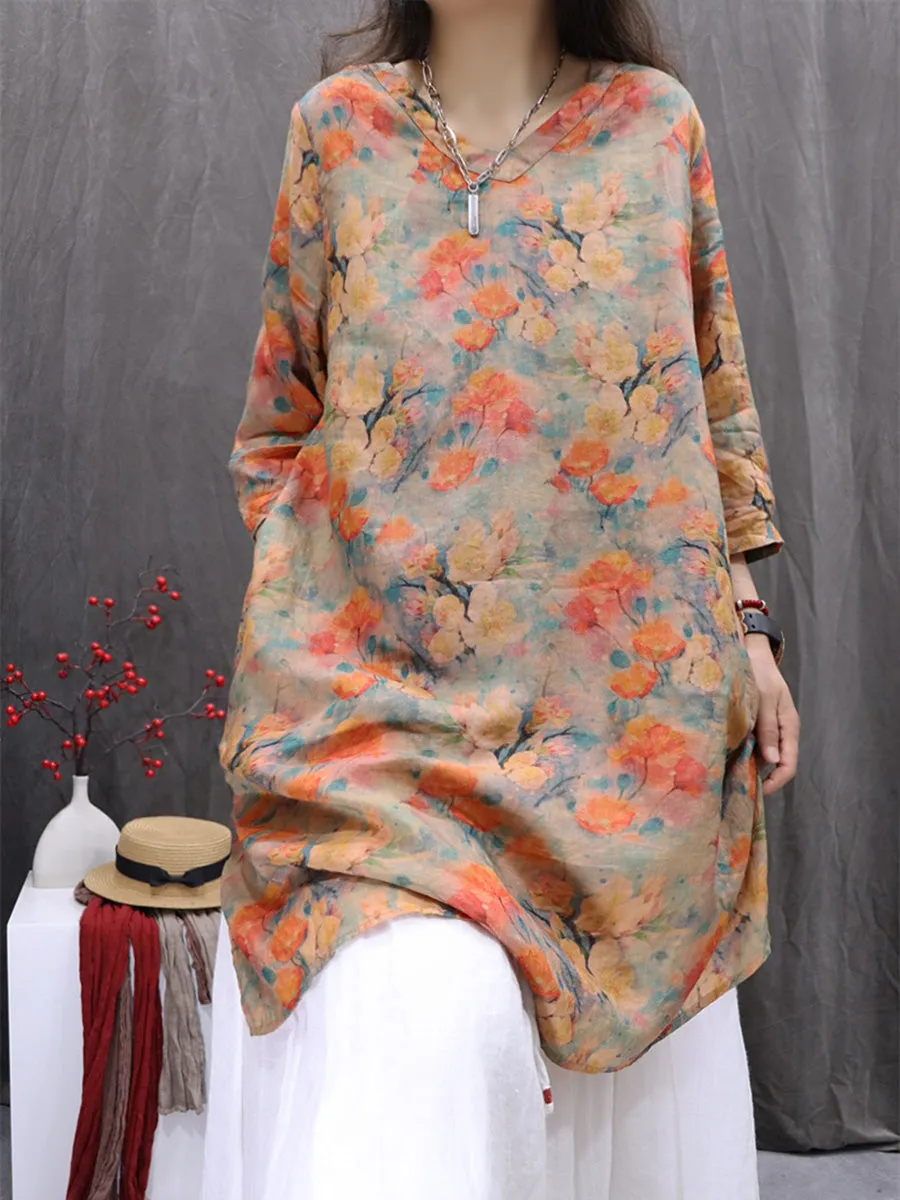 Women Summer Artsy Flower V-Neck 100%Ramie Shirt