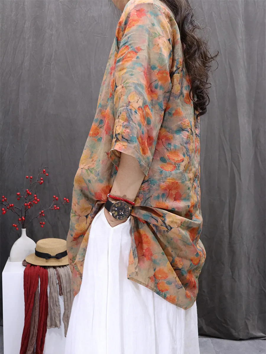 Women Summer Artsy Flower V-Neck 100%Ramie Shirt