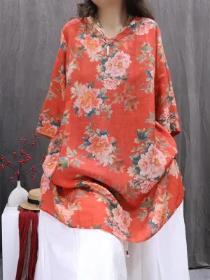 Women Summer Artsy Flower V-Neck 100%Ramie Shirt