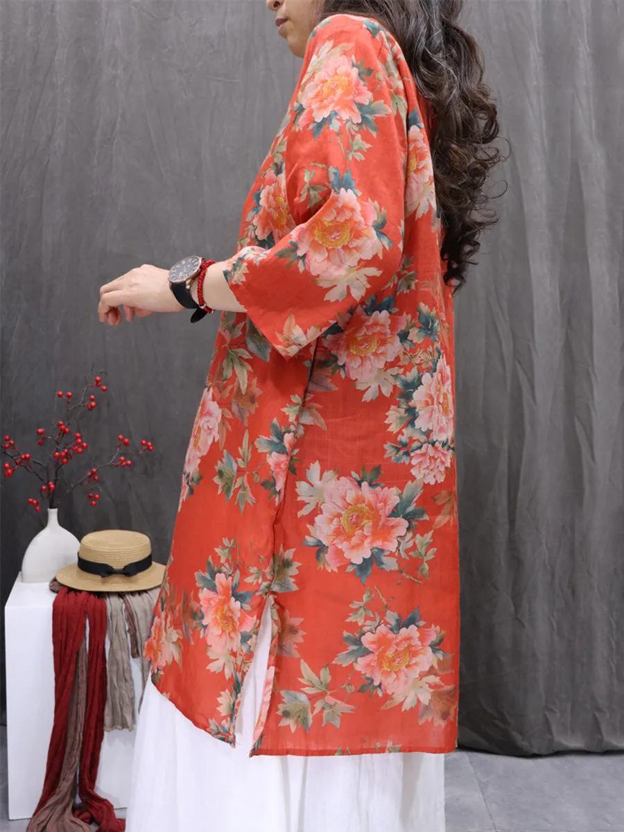 Women Summer Artsy Flower V-Neck 100%Ramie Shirt