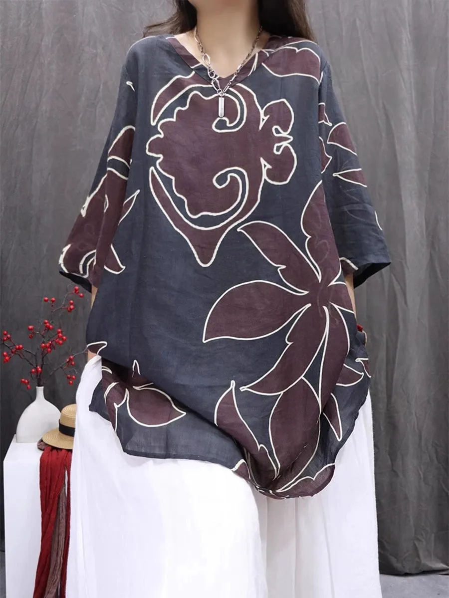 Women Summer Artsy Flower V-Neck 100%Ramie Shirt