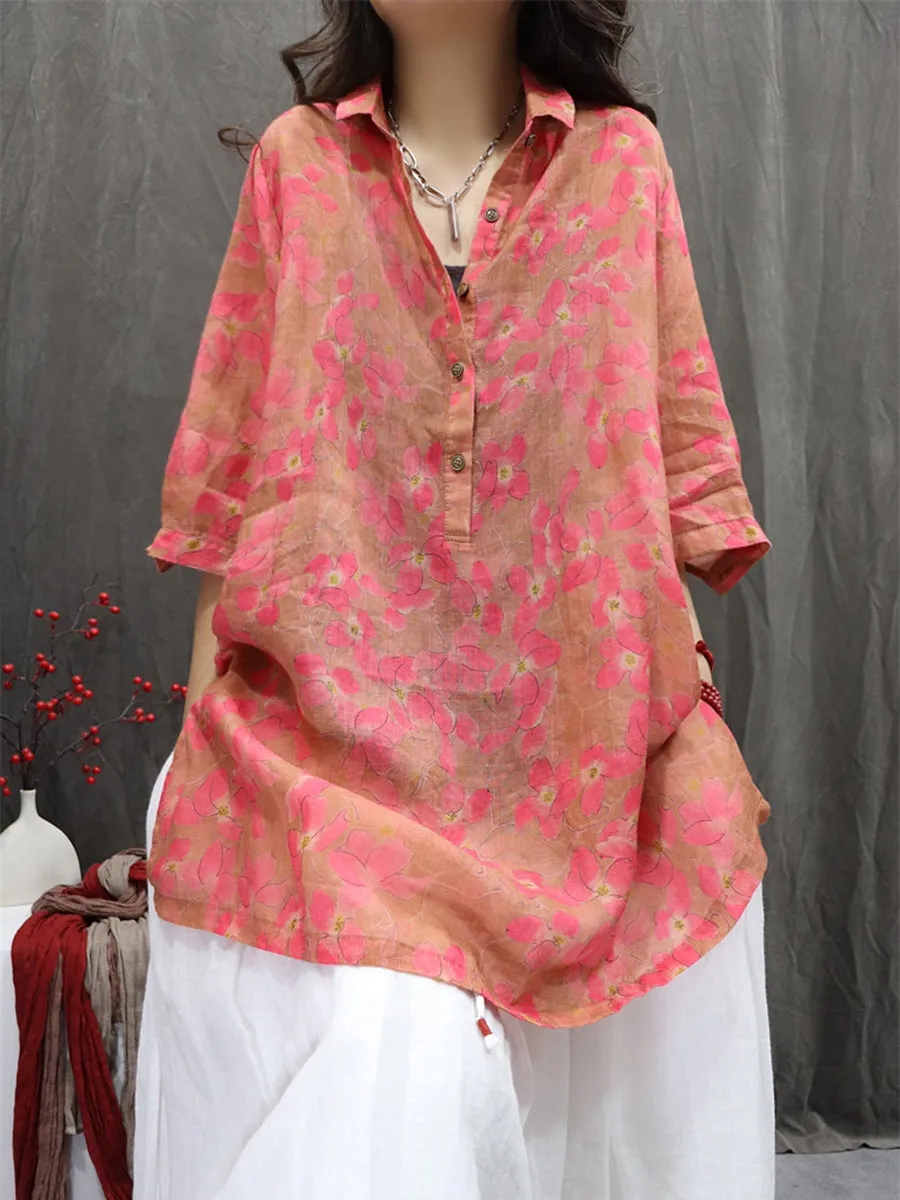 Women Summer Artsy Turn-down Collar Flower 100%Ramie Shirt