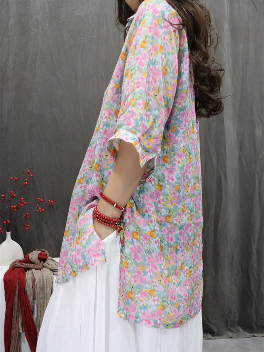 Women Summer Artsy Turn-down Collar Flower 100%Ramie Shirt