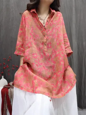 Women Summer Artsy Turn-down Collar Flower 100%Ramie Shirt