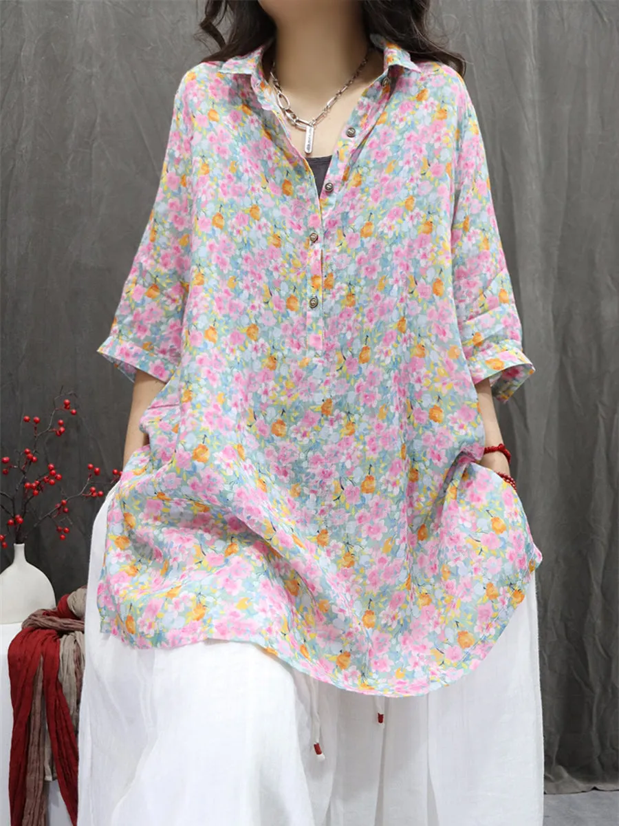 Women Summer Artsy Turn-down Collar Flower 100%Ramie Shirt
