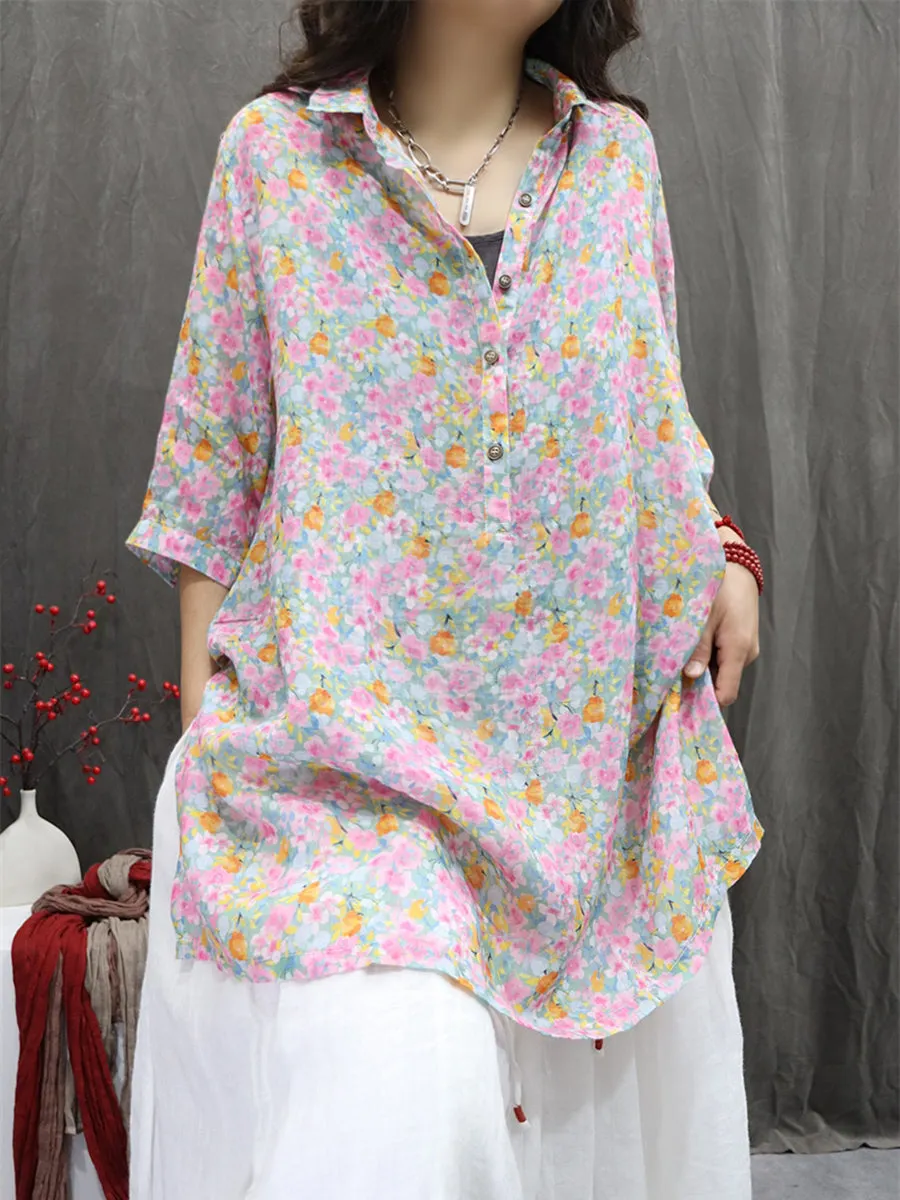 Women Summer Artsy Turn-down Collar Flower 100%Ramie Shirt