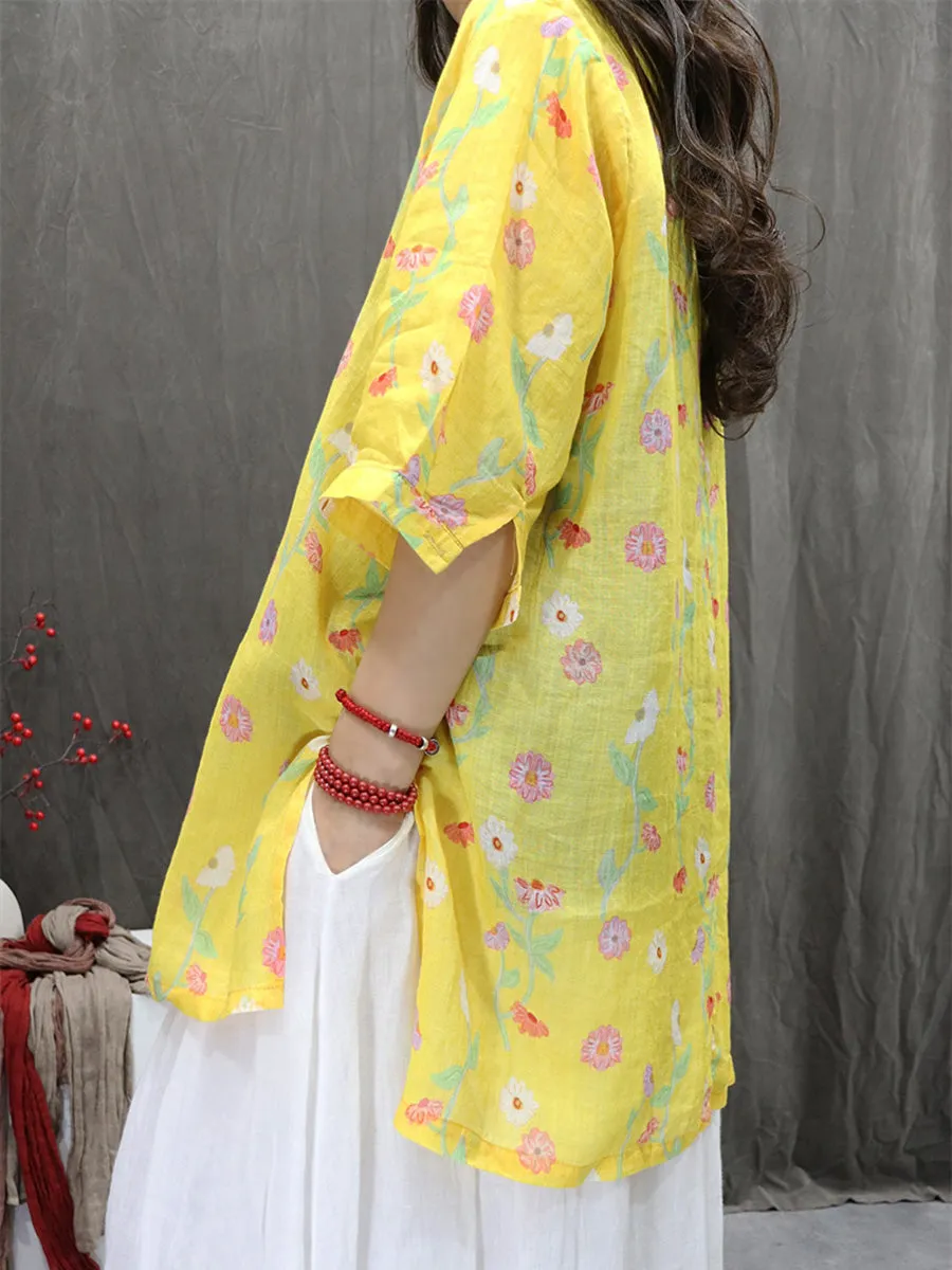 Women Summer Artsy Turn-down Collar Flower 100%Ramie Shirt