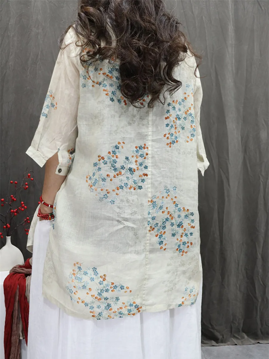 Women Summer Artsy Turn-down Collar Flower 100%Ramie Shirt