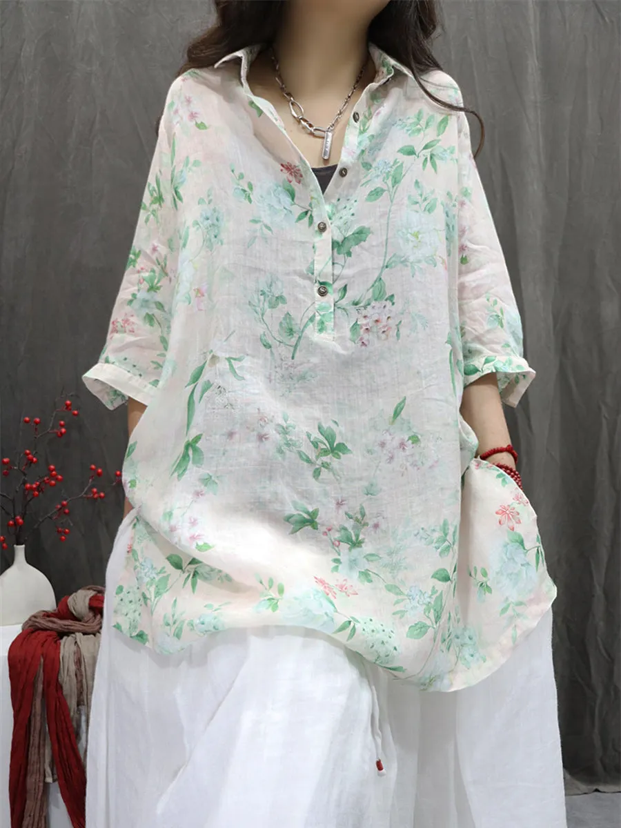 Women Summer Artsy Turn-down Collar Flower 100%Ramie Shirt