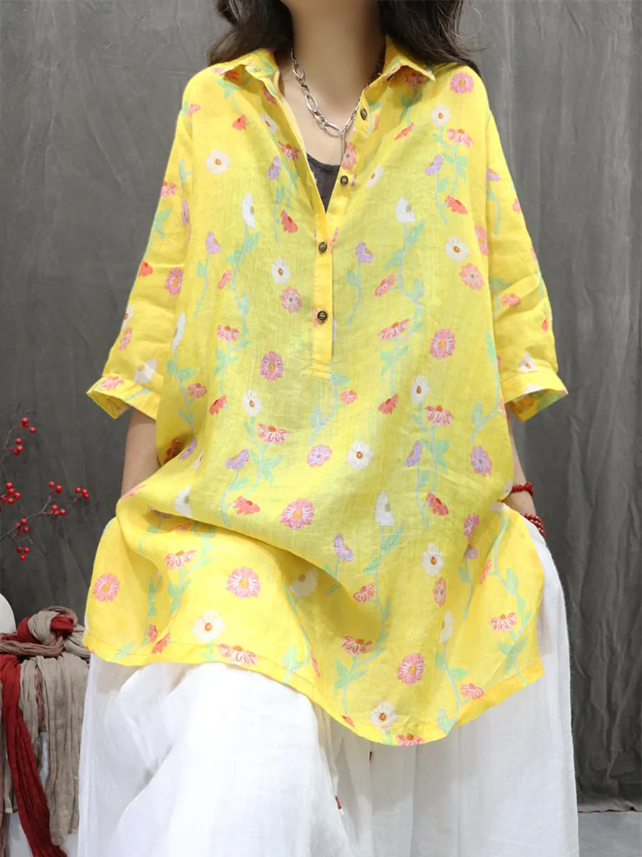 Women Summer Artsy Turn-down Collar Flower 100%Ramie Shirt