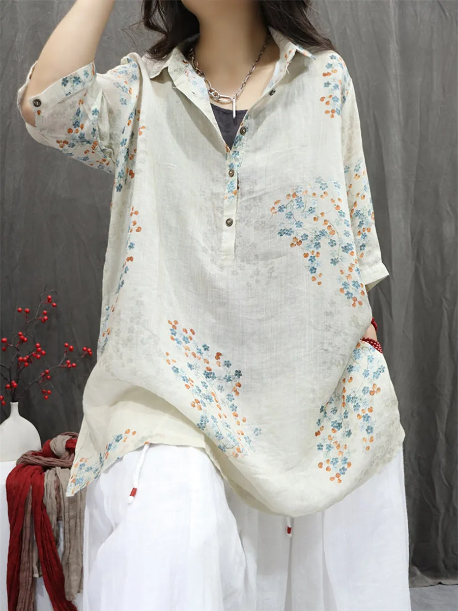 Women Summer Artsy Turn-down Collar Flower 100%Ramie Shirt