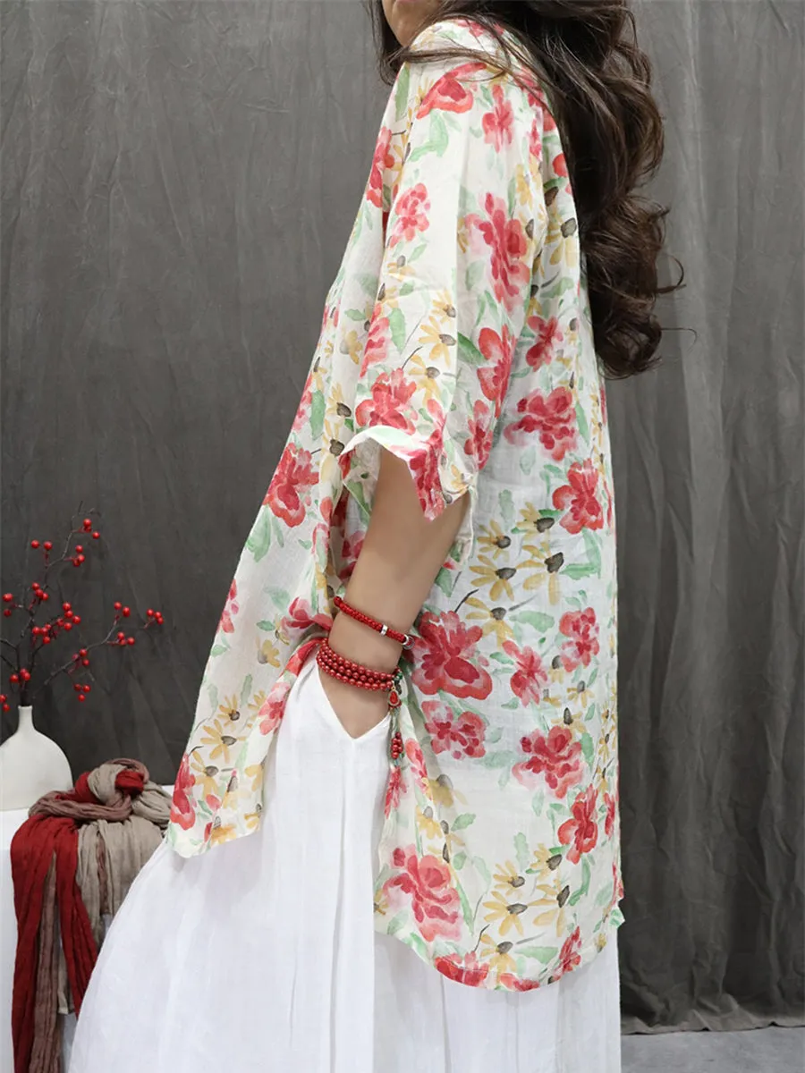 Women Summer Artsy Turn-down Collar Flower 100%Ramie Shirt
