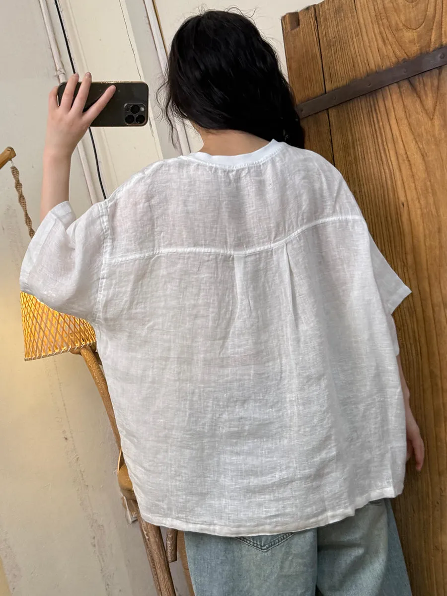 Women Summer Casual Heart Embroidery O-Neck Ramie Shirt