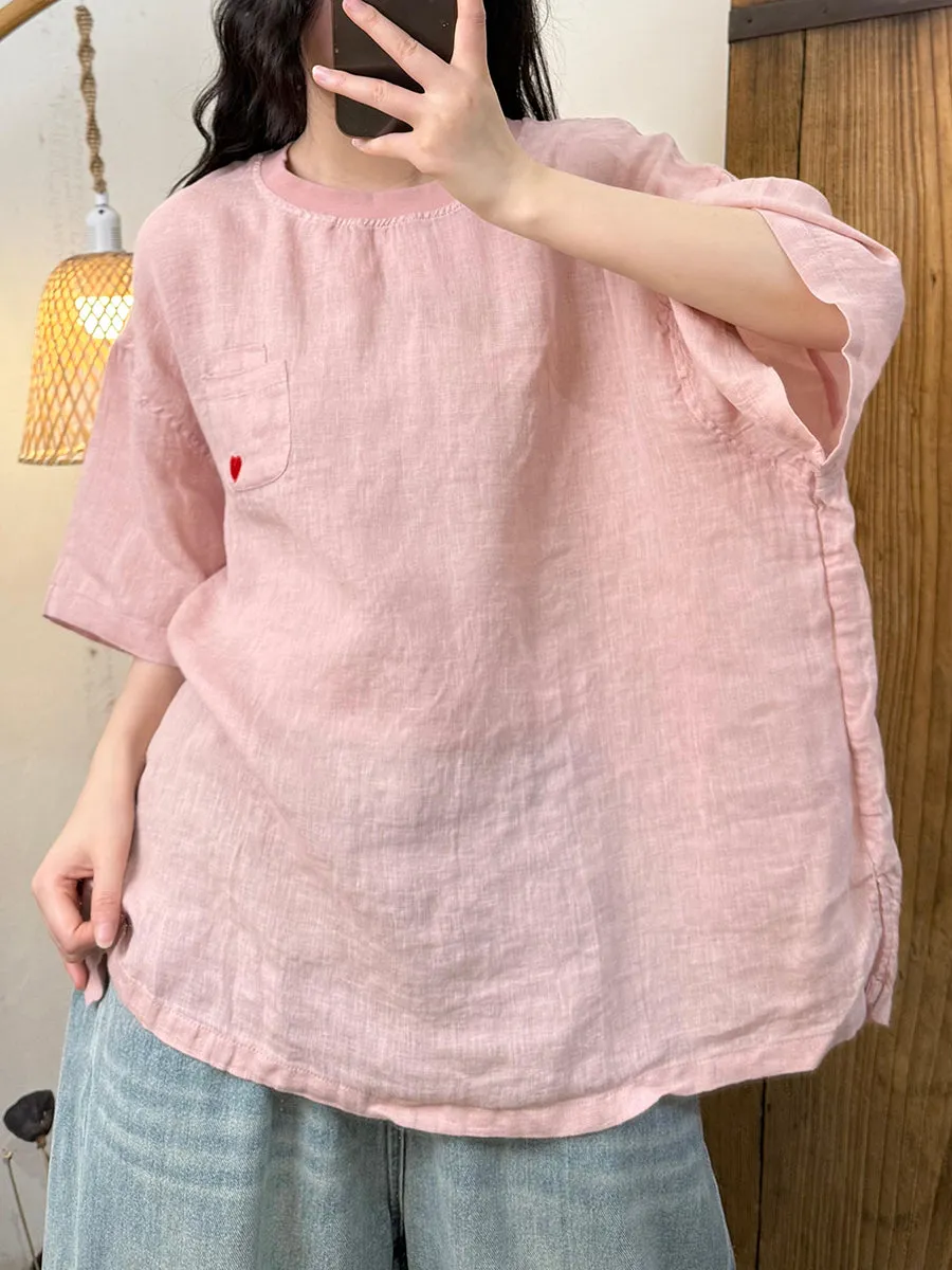 Women Summer Casual Heart Embroidery O-Neck Ramie Shirt