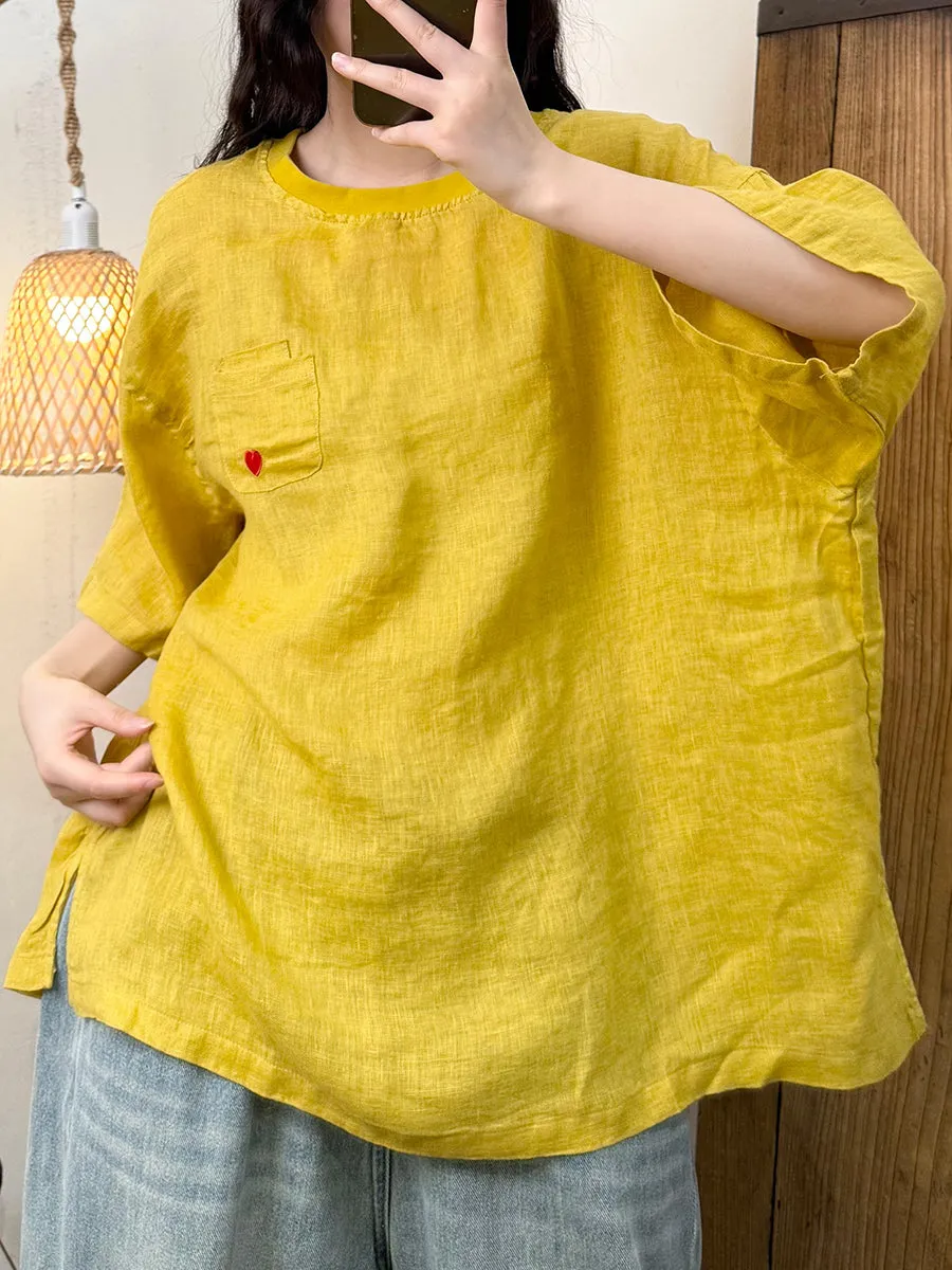 Women Summer Casual Heart Embroidery O-Neck Ramie Shirt