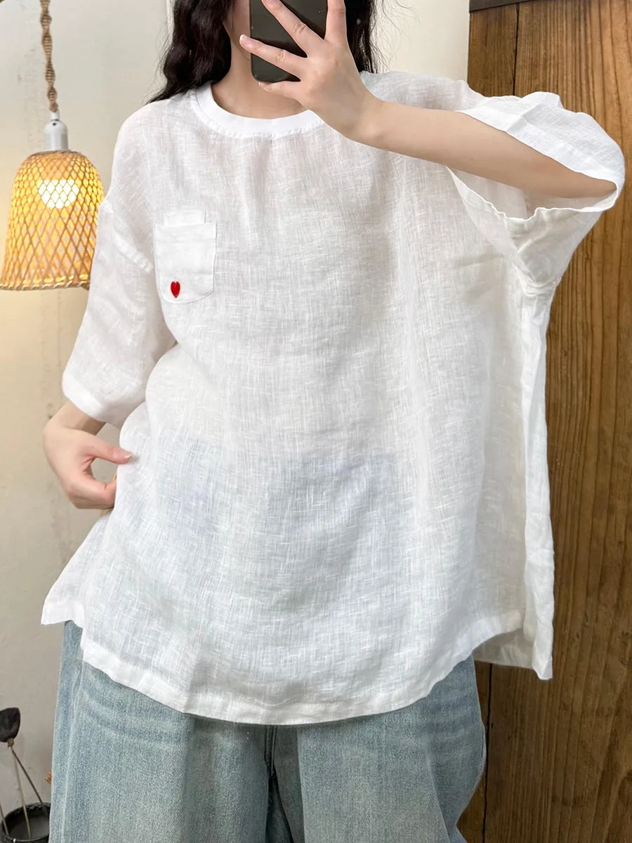 Women Summer Casual Heart Embroidery O-Neck Ramie Shirt