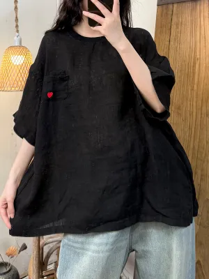 Women Summer Casual Heart Embroidery O-Neck Ramie Shirt
