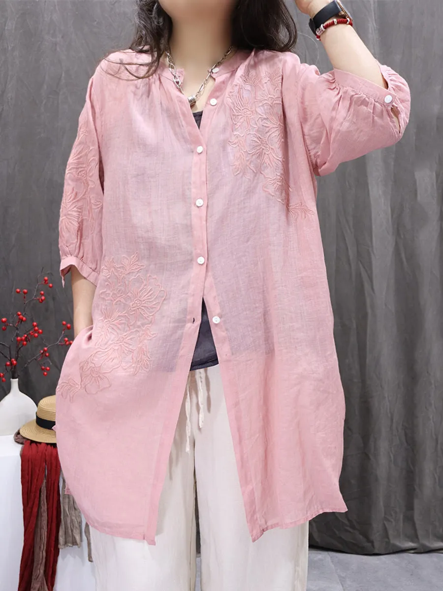 Women Summer Embroidery O-Neck 100%Ramie Long Shirt