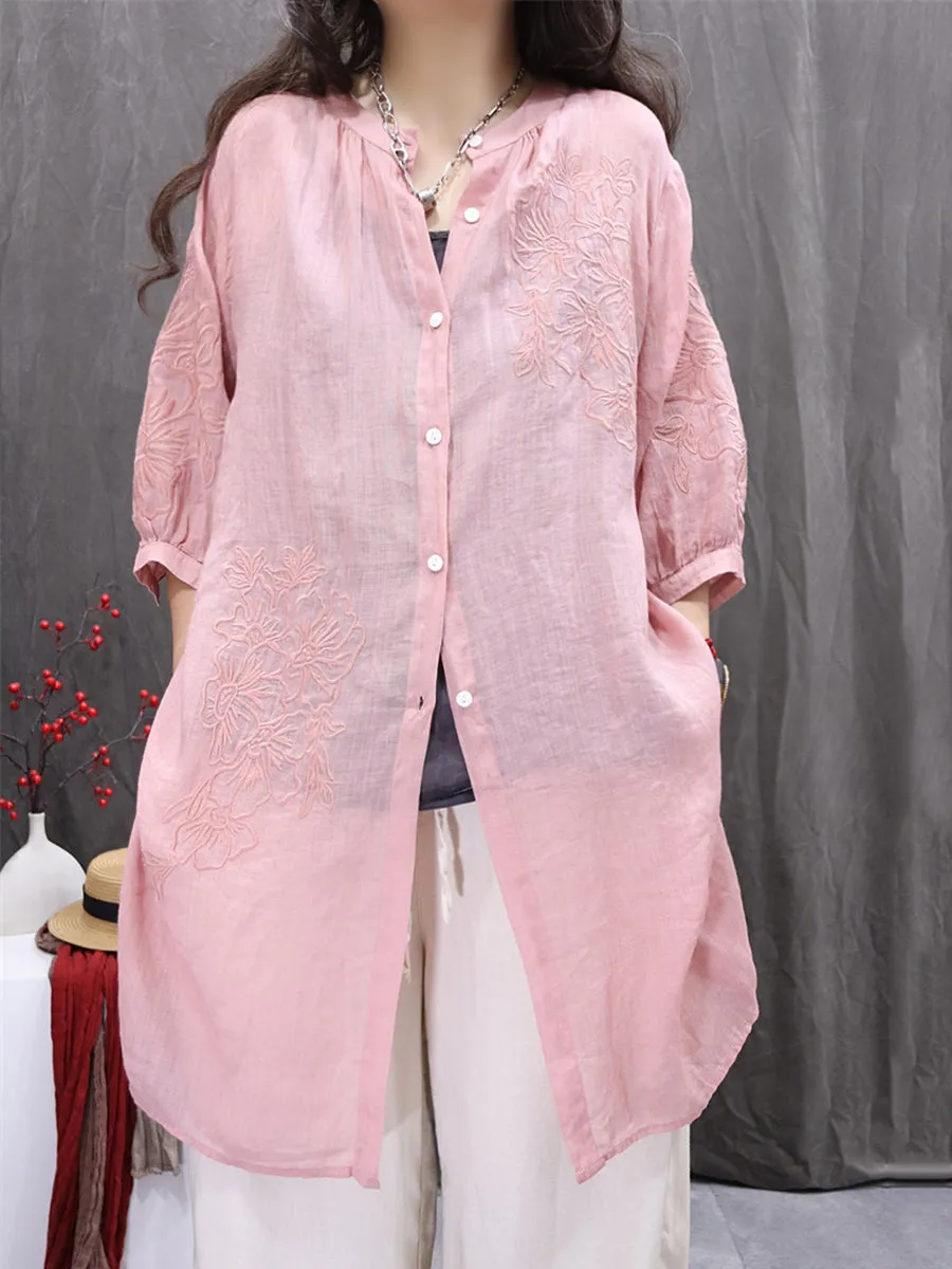 Women Summer Embroidery O-Neck 100%Ramie Long Shirt