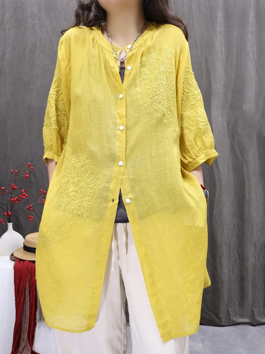 Women Summer Embroidery O-Neck 100%Ramie Long Shirt