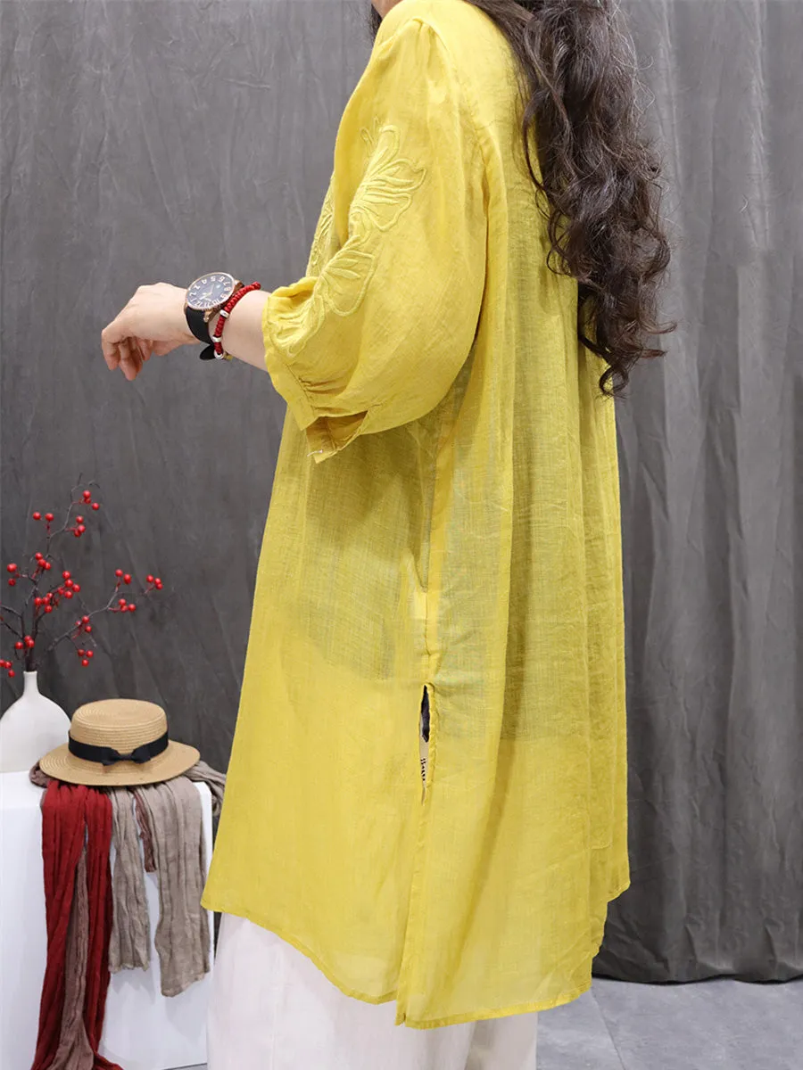 Women Summer Embroidery O-Neck 100%Ramie Long Shirt