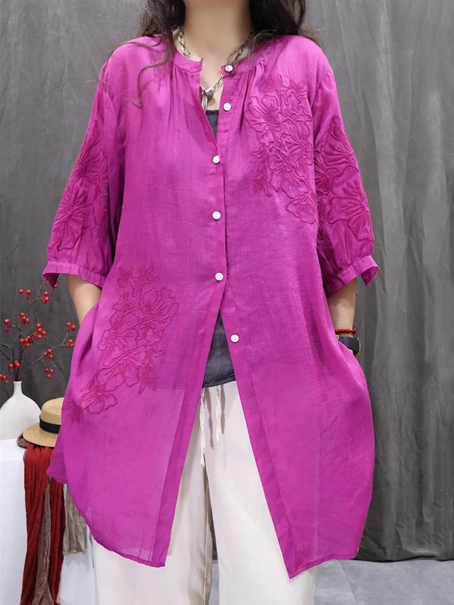 Women Summer Embroidery O-Neck 100%Ramie Long Shirt