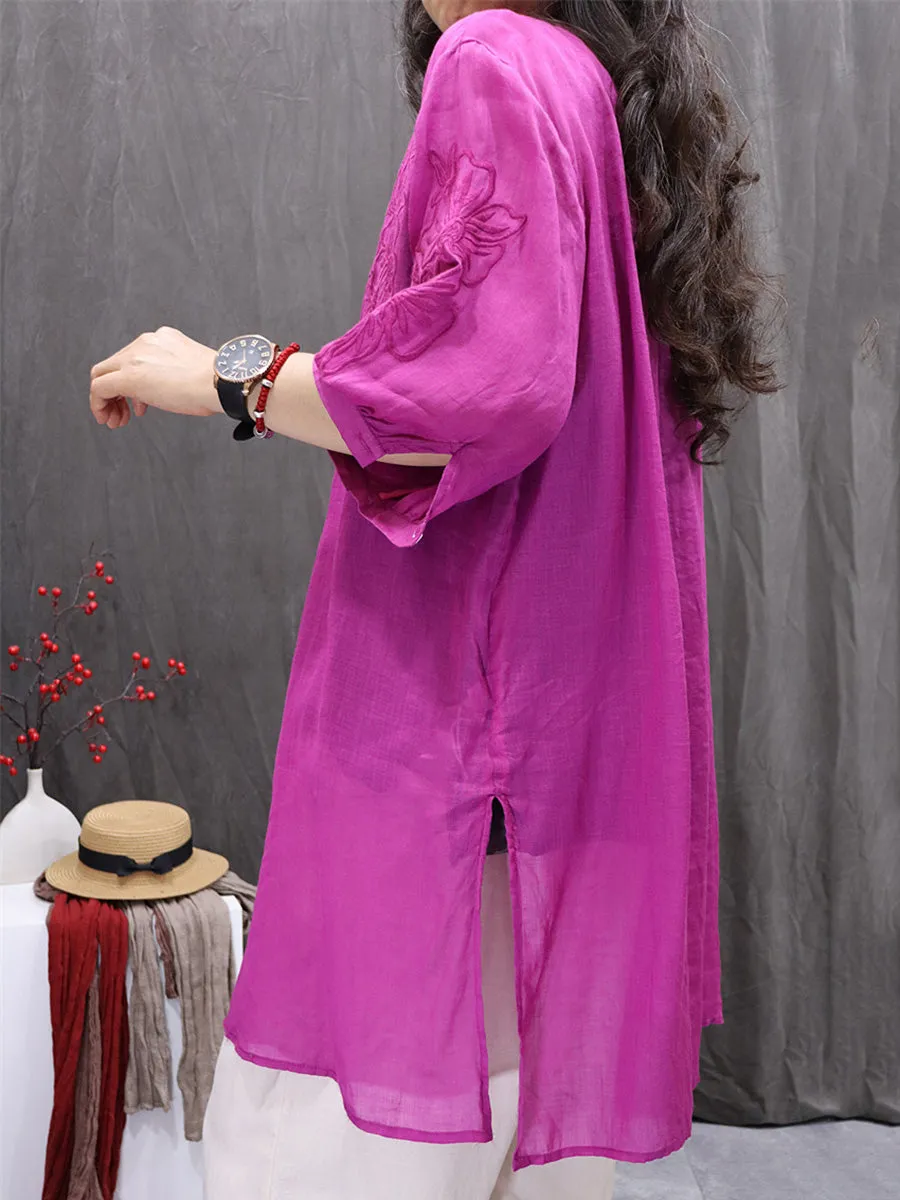 Women Summer Embroidery O-Neck 100%Ramie Long Shirt
