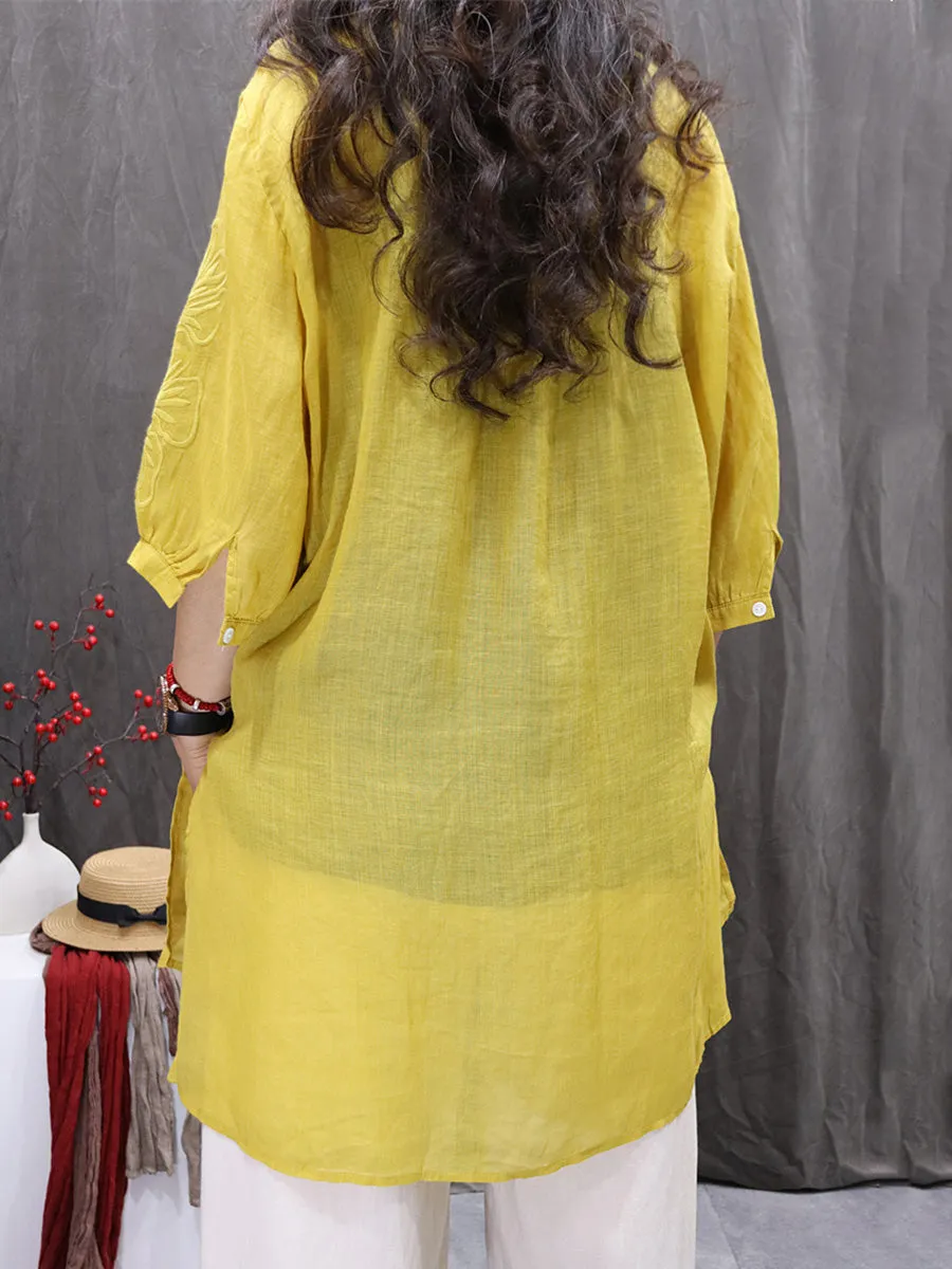 Women Summer Embroidery O-Neck 100%Ramie Long Shirt
