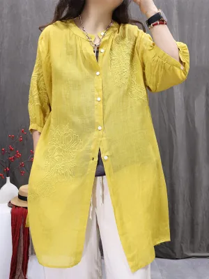 Women Summer Embroidery O-Neck 100%Ramie Long Shirt