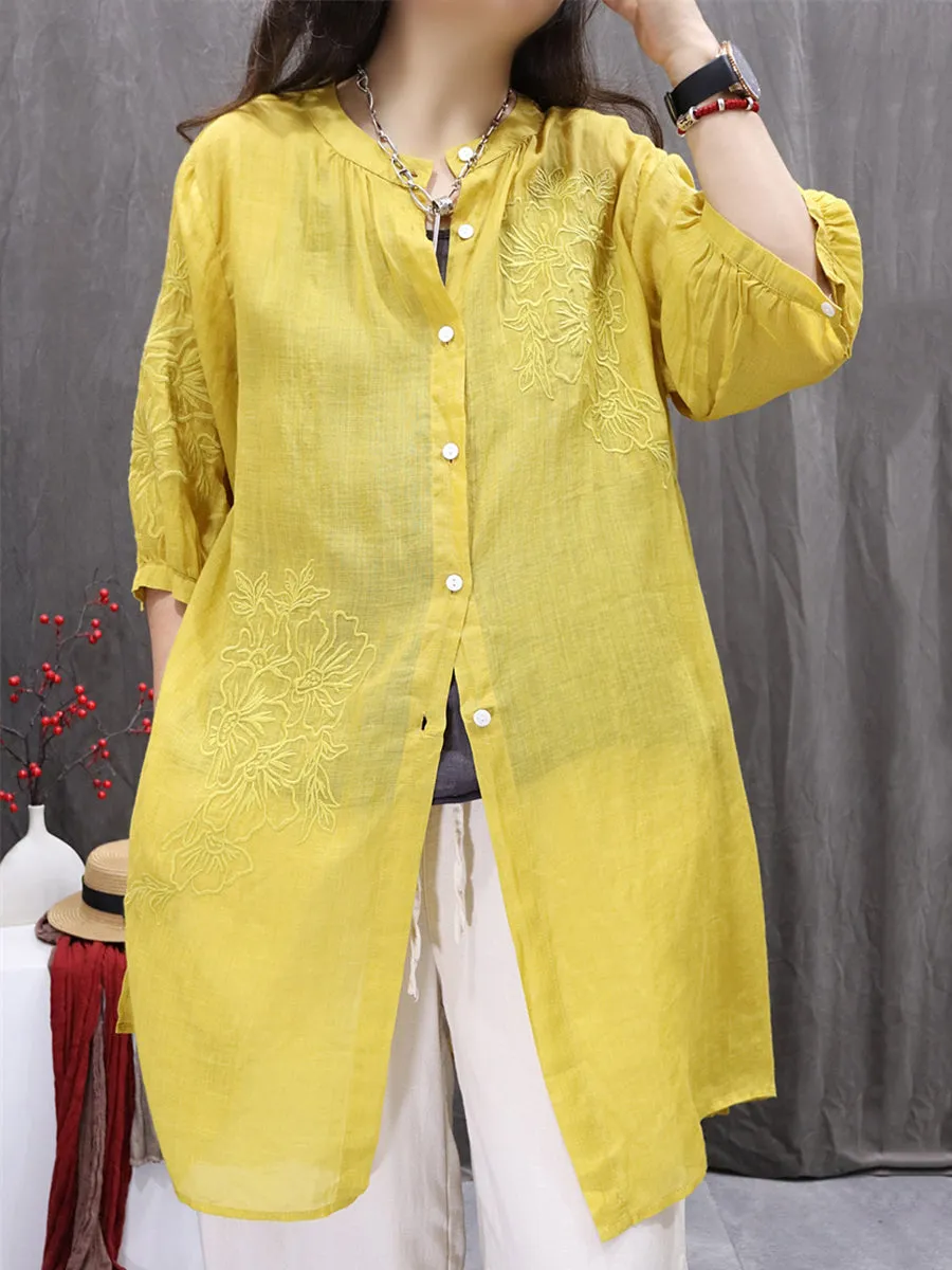 Women Summer Embroidery O-Neck 100%Ramie Long Shirt