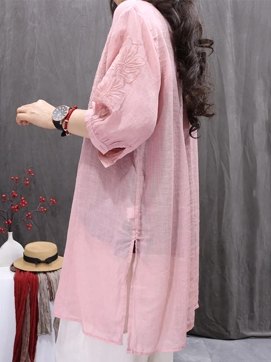 Women Summer Embroidery O-Neck 100%Ramie Long Shirt